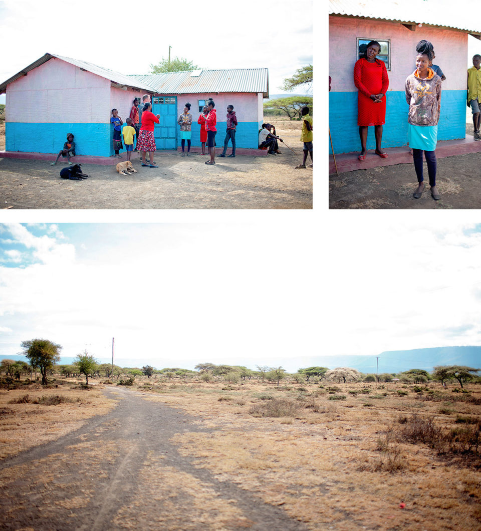 three photos of people gathered outside of the metal house, dry scrub landscape