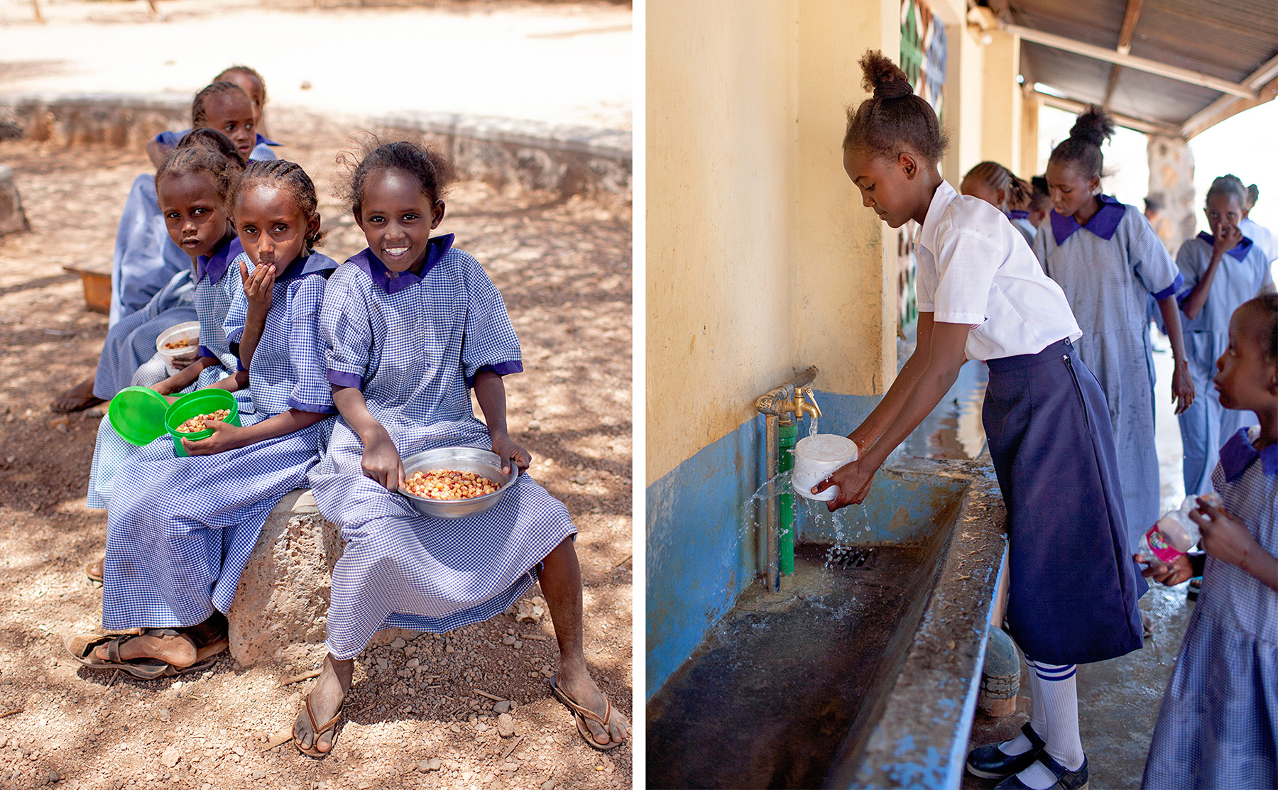 Students eating bowls of githeri on an outdoor bench; student washing a container under a spigot